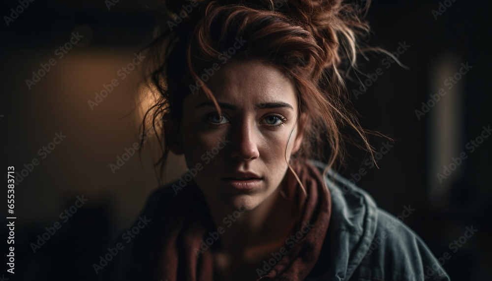 Young woman with brown hair, looking at camera, exuding confidence generated by AI Young woman with brown hair, looking at camera, exuding confidence generated by AI