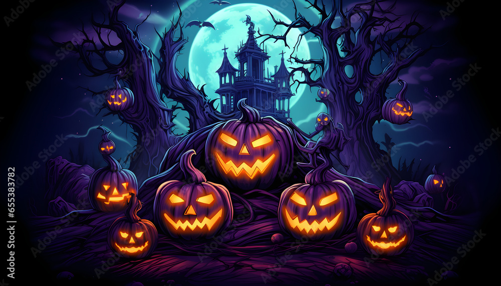 A Halloween cartoon illustration scene featuring pumpkins, bats, and a spooky atmosphere