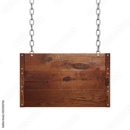 an Metallketten hängendes Holzschild
