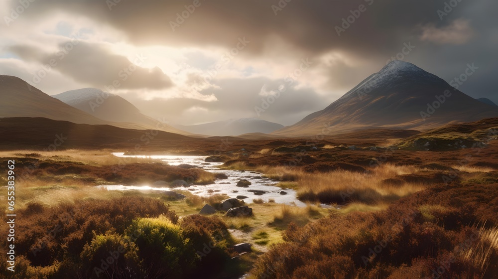 Panoramic view of the highlands of Scotland at sunset.