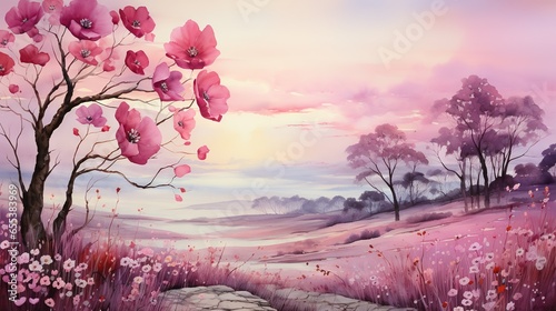  a painting of a pink landscape with flowers and a tree. generative ai