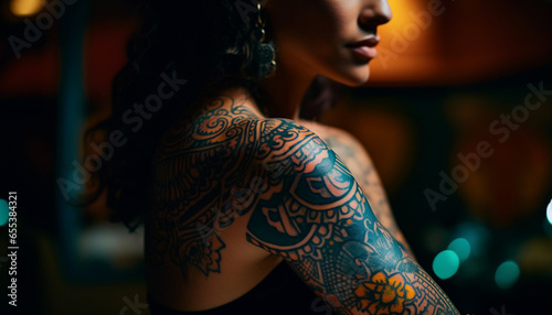 Young women with tattoos showcase beauty and sensuality in nightlife generated by AI