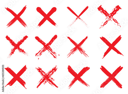 x cross set with red paint effect. Dirty grunge hand drawn with brush strokes cross x vector illustration icon set. Cross mark wrong symbol graphic design collection. Check mark symbol NO button.