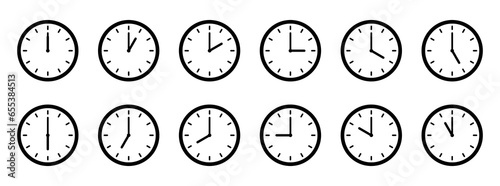 24 hours time laps watch vector set. Set of clock icon for every hour. 12 hour clock icon. Clock icon Vector illustration.