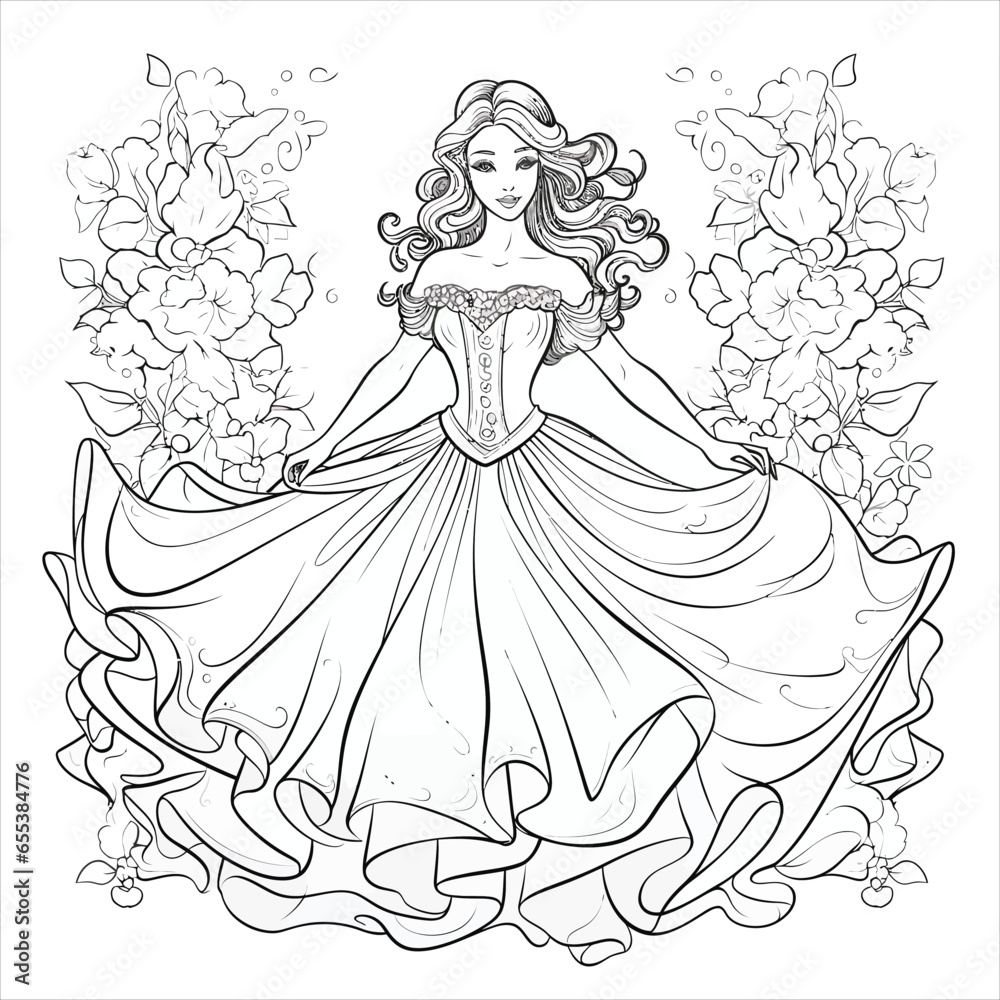 Ballerina in a cloud with flower petals. Coloring book with ballerina. Dancing. Black and white vector illustration. Ballerina in a cloud with flower petals. Coloring book with ballerina. Dancing. Black and white vector illustration.