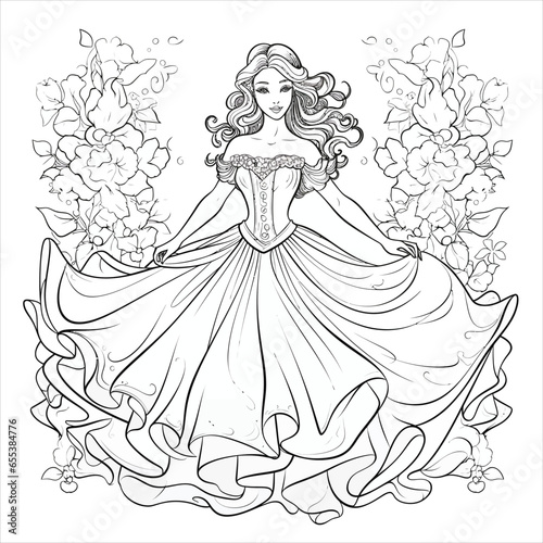 Ballerina in a cloud with flower petals. Coloring book with ballerina. Dancing. Black and white vector illustration.