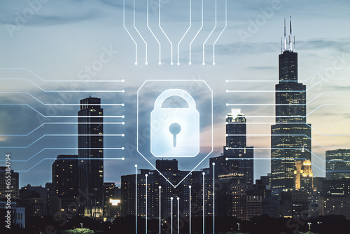 Virtual creative lock symbol and microcircuit illustration on Chicago skyline background. Protection and firewall concept. Multiexposure