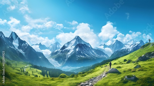 Panoramic view of alpine valley and blue sky with clouds