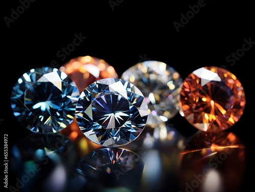 Group of multicolored diamonds on a black background close-up
