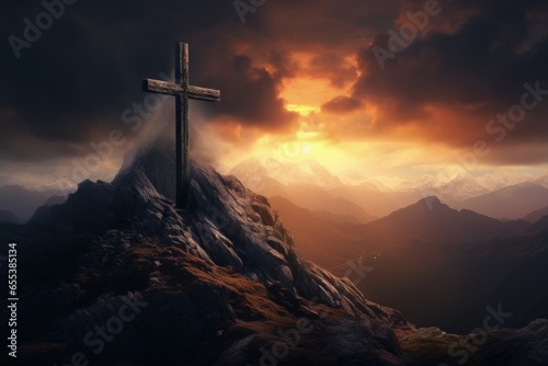 Cross on top of a spiritual mountain with a sunsetting in the background