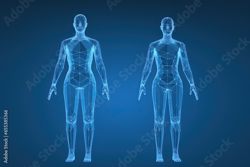 Two Abstract bodies of a man and a woman, polygonal human frame. Health of the human body, modern medical science of the future and global international medicine.