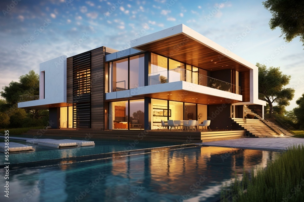 Image of beautiful contemporary residence with a lavish pool in the backyard. Generative AI