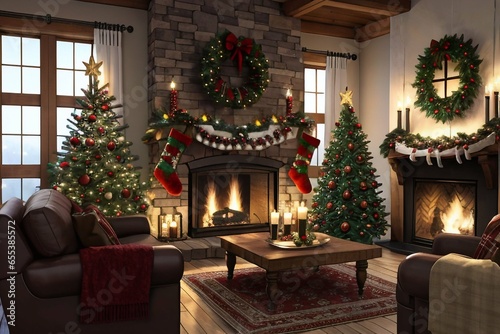 A cozy living room with two fireplaces at Christmas © JensKristian