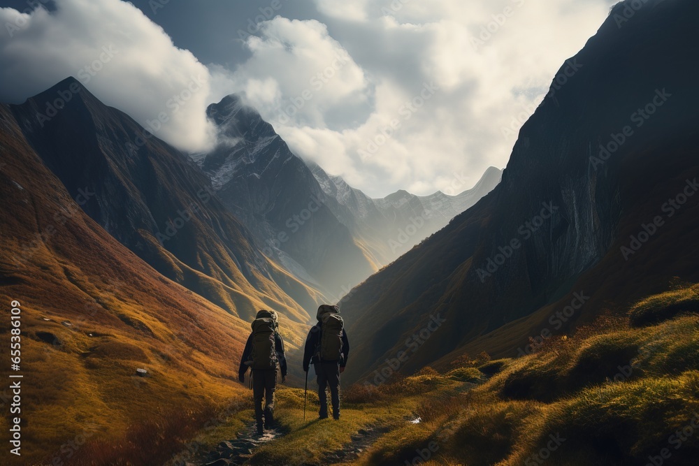 Two backpackers exploring incredible mountain landscapes, travel, and excursions.