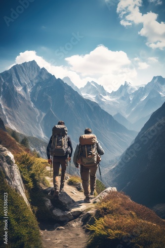 Two backpackers exploring incredible mountain landscapes, travel, and excursions. © miriam artgraphy