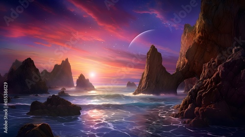 Fantasy alien planet. Mountain and sea. 3D illustration. © Iman