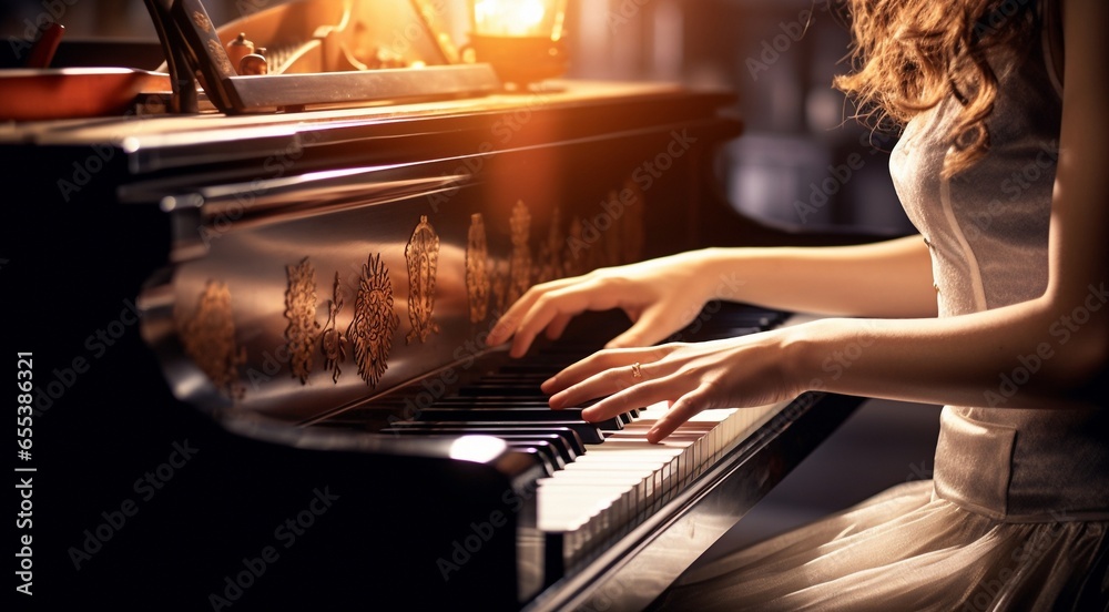 close-up of hands playing piano, person playing piano, piano background