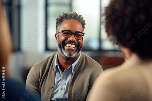 Group therapy and support. The focus is on a middle aged African American man in eyeglasses. A group of people around support him. He is happy. photo