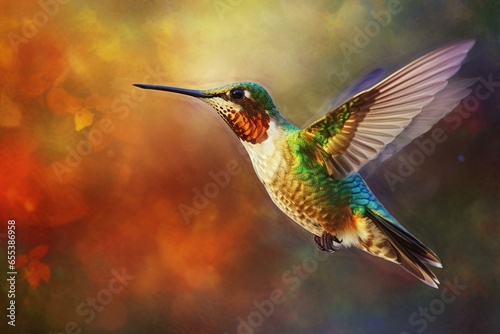 A flying hummingbird in vibrant colors. Generative AI