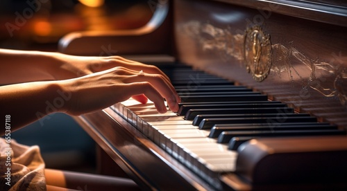 close-up of hands playing piano, person playing piano, piano background