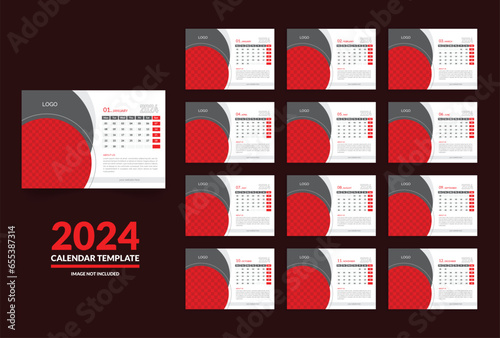 Horizontal desk monthly calendar for 2024. Business Calendar Template, Calendar 2024 planner corporate template design set. Week starts on Monday.template for annual calendar 2024
