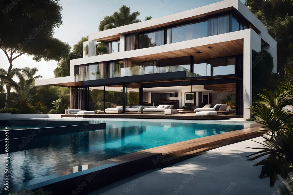 a modern and sleek villa with floor-to-ceiling glass windows, surrounded by lush gardens and a private infinity pool - AI Generative