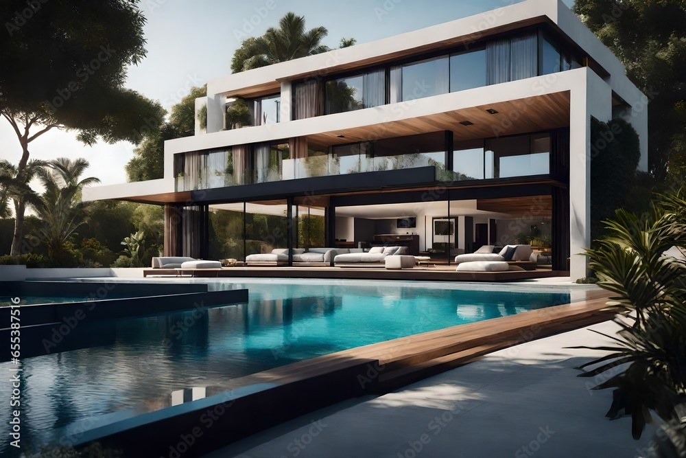 Obraz premium a modern and sleek villa with floor-to-ceiling glass windows, surrounded by lush gardens and a private infinity pool - AI Generative