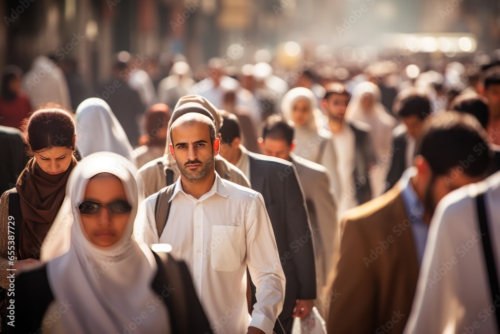 Crowd of Arabic people walking street - obrazy, fototapety, plakaty 
