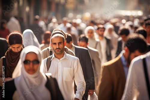 Crowd of Arabic people walking street photo
