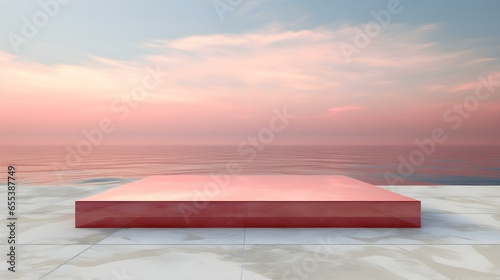 Square Marble Podium in ruby Colors in front of a blurred Seascape. Luxury Backdrop for Product Presentation © drdigitaldesign