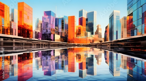 Panoramic view of modern city skyline with reflection in water.