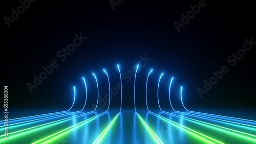cycled 3d animation. Abstract animated background of green blue neon glowing lines move quickly along the curvy path photo