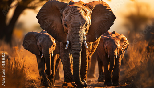 African elephant herd walking in tranquil savannah at sunset generated by AI