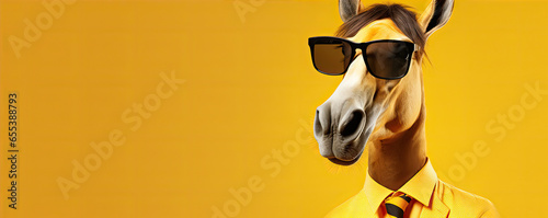 Funny or cool horse wearing sunglasses in studio with a vivid yellow background
