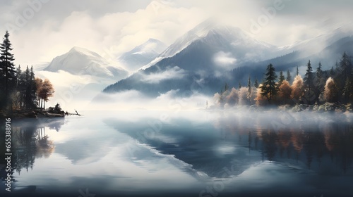 Reflection of the mountains in the lake. Panoramic image.