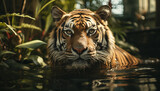 Majestic Bengal tiger staring, reflecting beauty in nature tranquil scene generated by AI