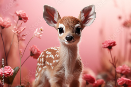 Cute little fawn with flowers on pink background photo