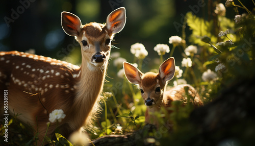 Cute deer grazing in meadow, surrounded by green summer beauty generated by AI