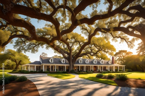 A sprawling ranch-style house, flanked by a magnificent oak tree that has stood the test of time - AI Generative