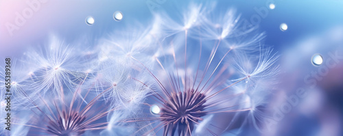 Beautiful dew drops on dandelion plant, blue violet color background.