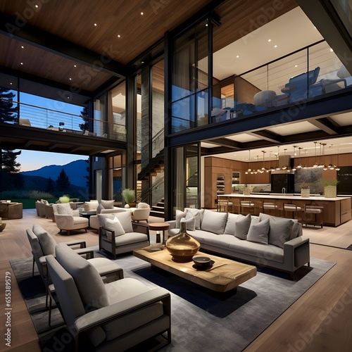 3D rendering of a modern living room with a view of the mountains © Iman