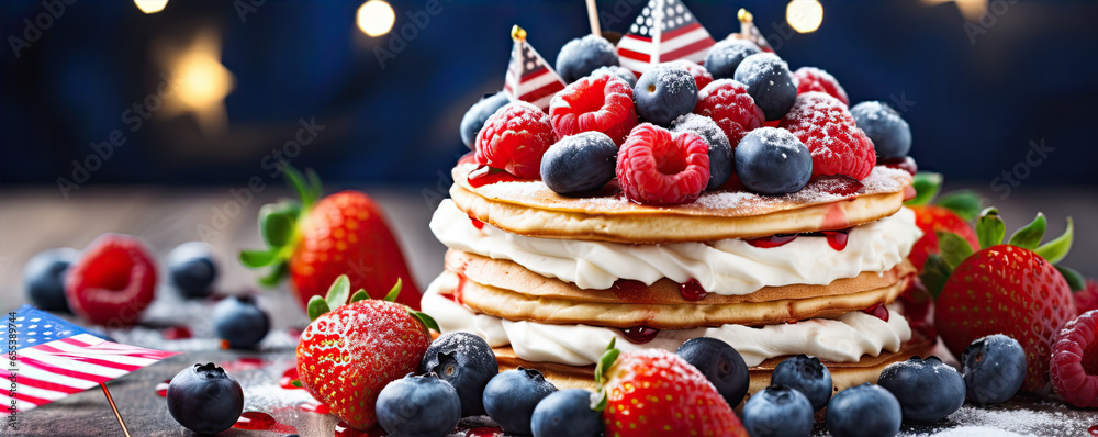Independance day cake. or celebration cakes with blue and red usa colors. wide banner. - obrazy, fototapety, plakaty 