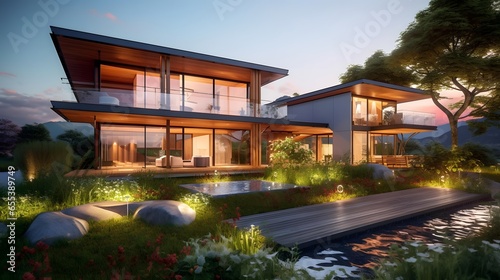 3d rendering of modern cozy house with pool and parking for sale or rent in luxurious style and beautiful landscaping on background. Clear summer night with many stars on the sky. © Iman