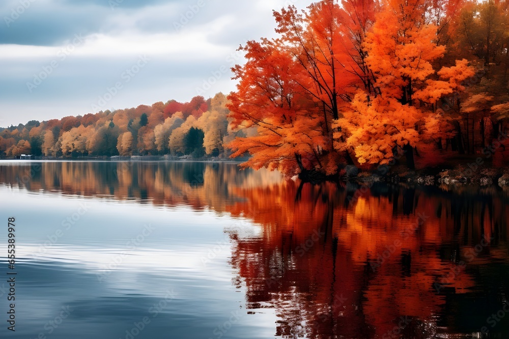 Fiery autumn leaves reflected in the still waters of a tranquil lake.