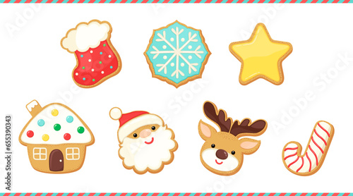 Christmas sugar cookies vector illustration set. Cute cartoon gingerbread cookie icons. Biscuit shape Santa Claus face, reindeer head, snowflake cookie, star shape bisquit. Winter design elements.