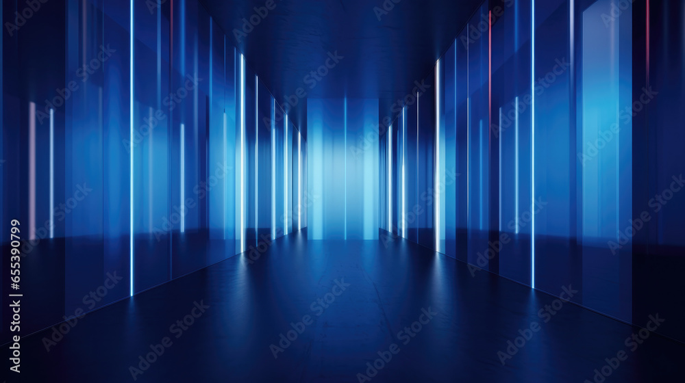 mysterious hallway illuminated by a striking blue light, abstract blue background with lines, magical atmospheric 