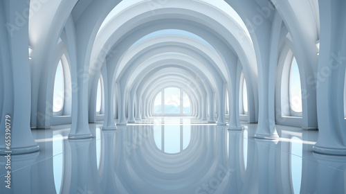 white interior of the hall of the palace with glossy floor with a reflection of the room, grand hall with numerous towering columns and arch, new gothic ambiance, futuristic white cathedral 