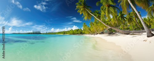 Beautifull summer beach, blue sea water and gold bech with sand and palms.