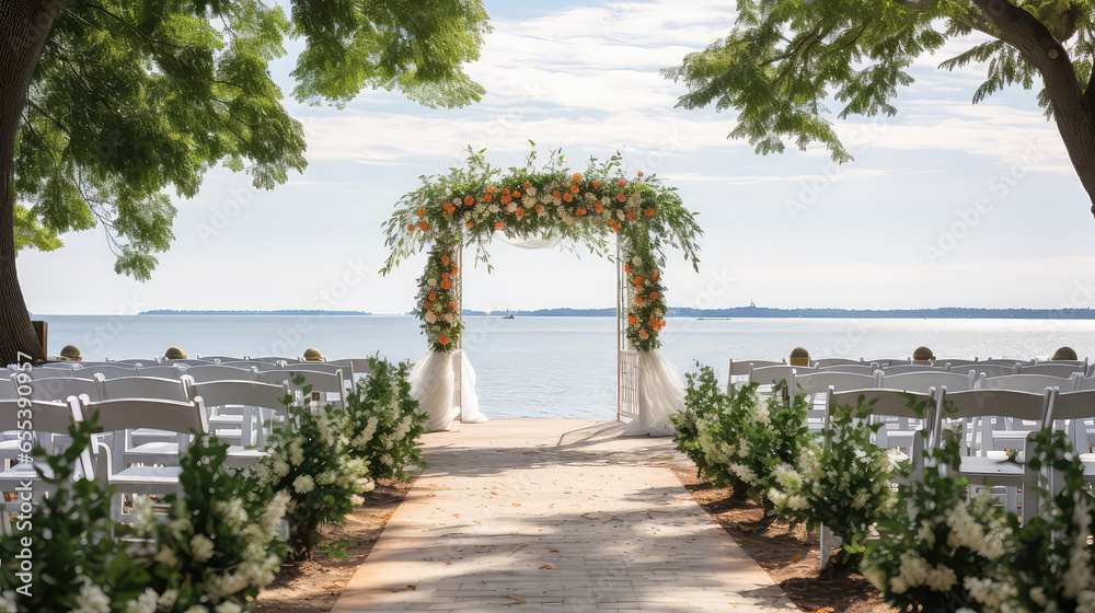 Outdoor Wedding ceremony, beautiful view of nature by the sea or ocean, nobody. Beautiful empty wedding arch with flowers and chairs for guests.