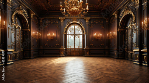 interior of a historic palace, luxury corridor with a large window and gold ornament, a magnificent candlestick
